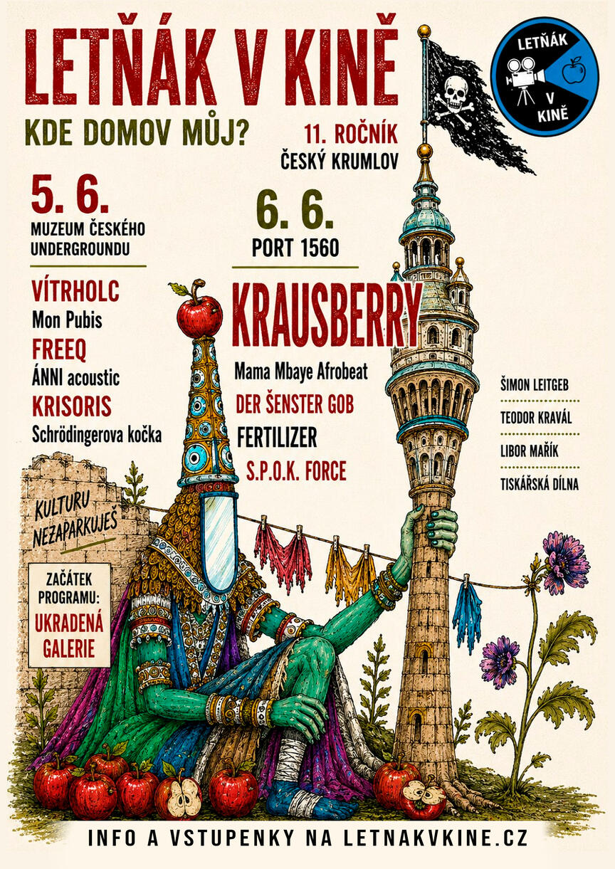 Plakát Letňák v kině 2026 Plakát k letošnímu hudebnímu festivalu Letňák v kině, který se koná v českém Krumlově i v roce 2026. Hlavní kapela Krausberry a mnoho dalších.
